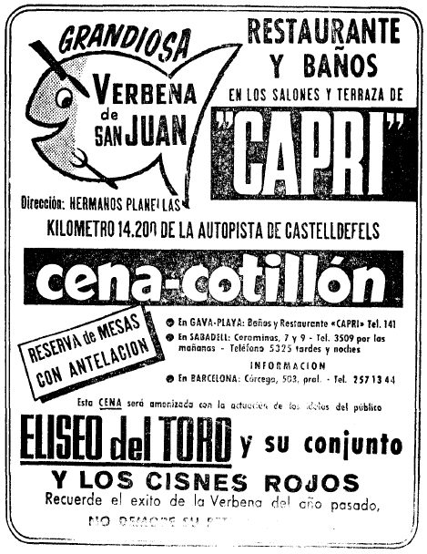 Anuncio de la Verbena de San Pedro del restaurante-balneario Capri de Gav Mar con la actuacin de Josep Guardiola publicado en el diario La Vanguardia el 18 de Junio de 1965